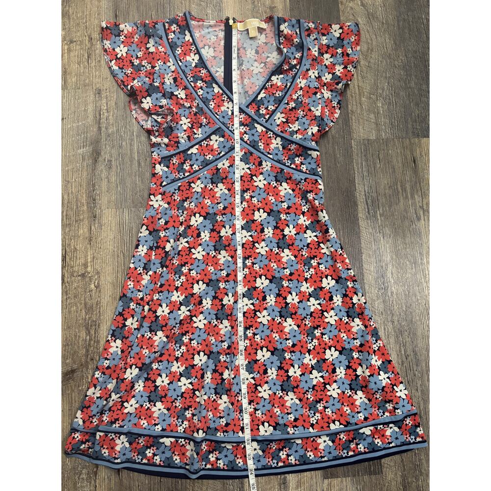 Michael‎ Michael Kors Floral Flutter Sleeve V-Neck Dress Blue Red XS - Picture 3 of 5